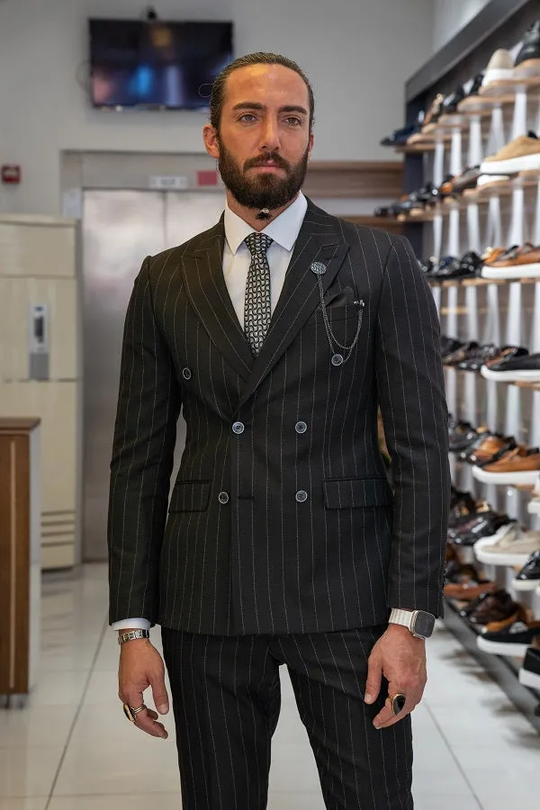 Brabion Lance Black Slim Fit Pinstripe Double Breasted Suit
