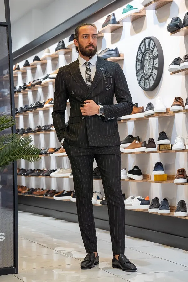 Brabion Lance Black Slim Fit Pinstripe Double Breasted Suit