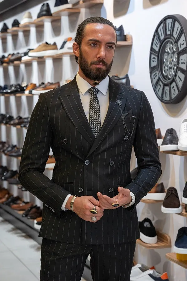 Brabion Lance Black Slim Fit Pinstripe Double Breasted Suit