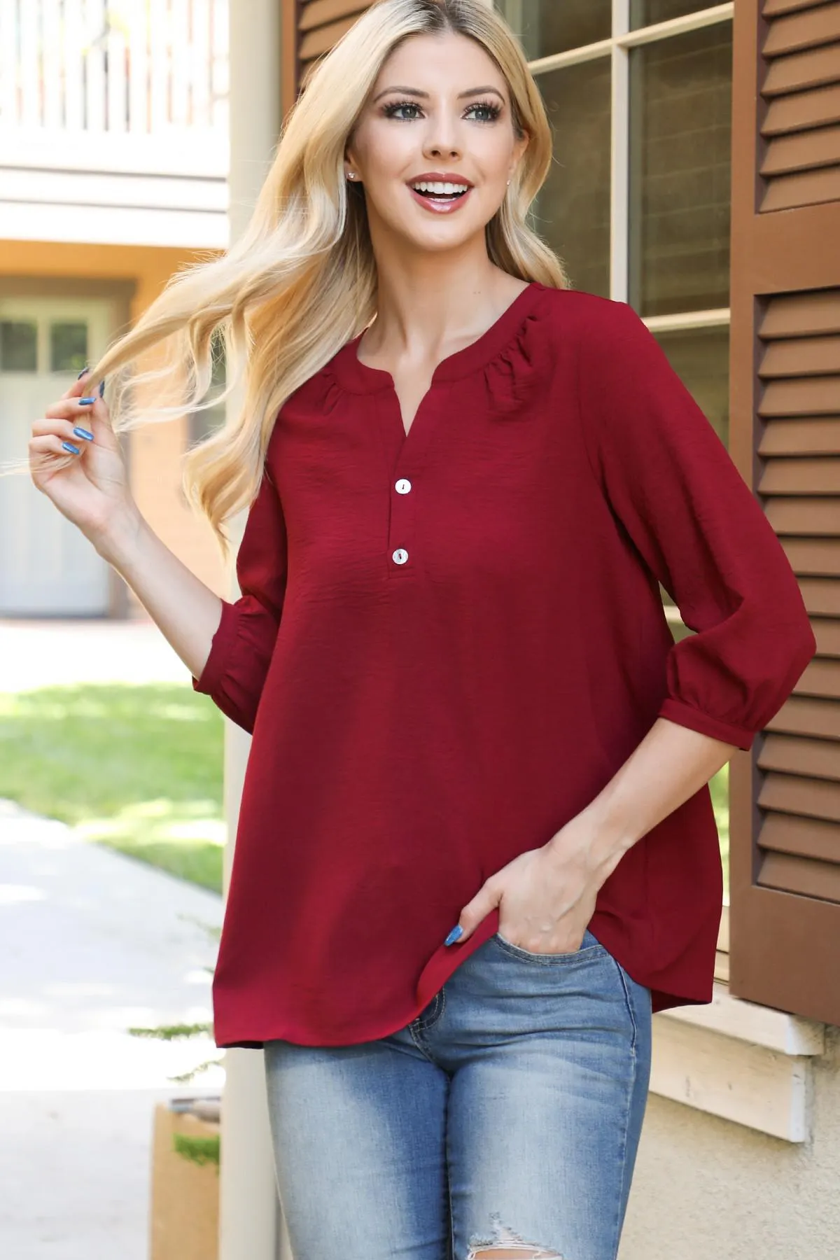 Button Detail Collar Woven Blouse