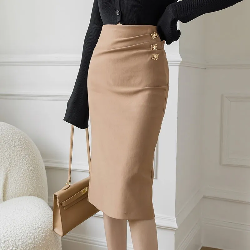 Button Pencil Skirts Plus Size High Waist Slim Woman Skirts