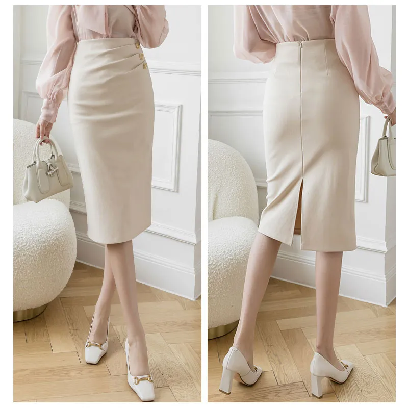 Button Pencil Skirts Plus Size High Waist Slim Woman Skirts