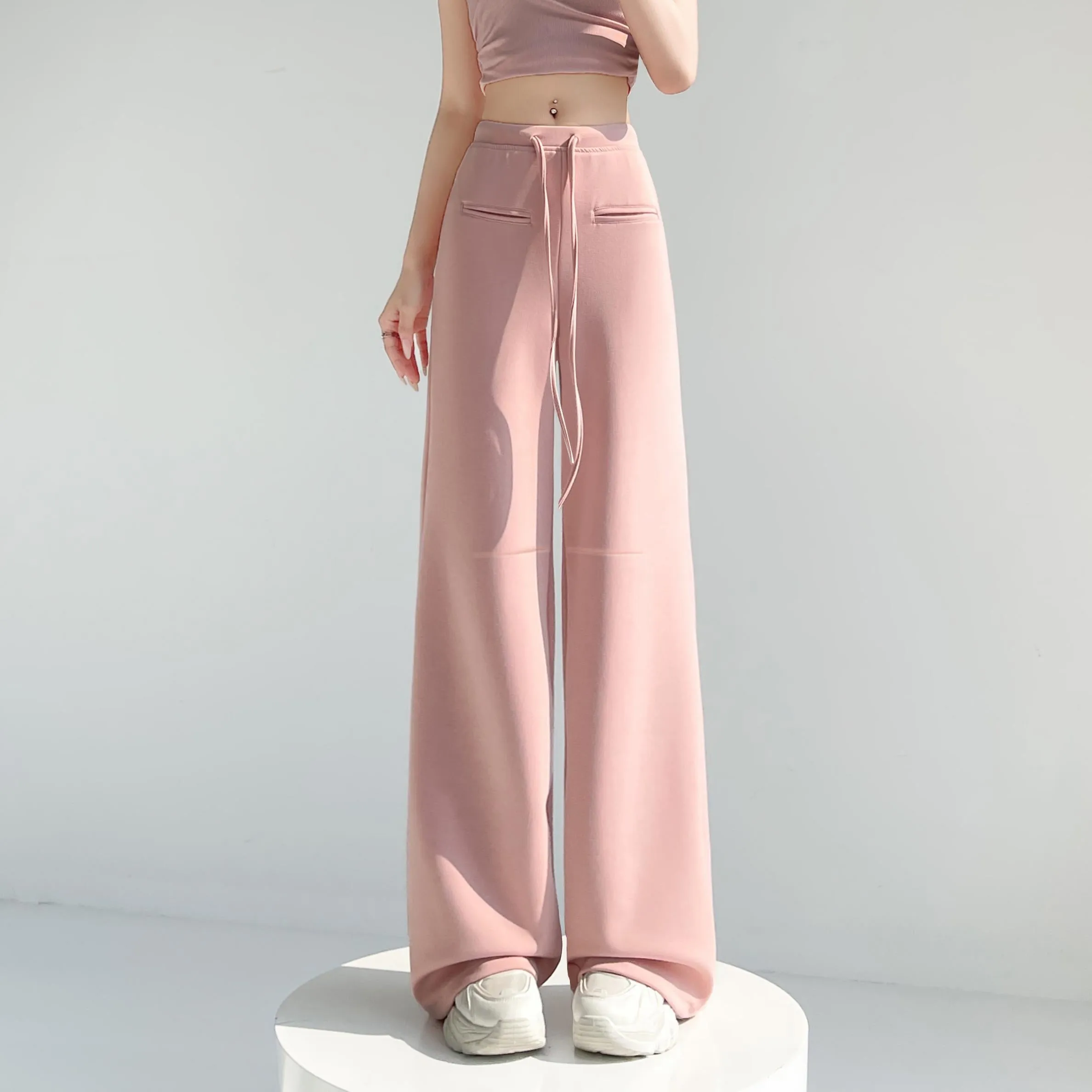 Casual Solid Straight Leg Trousers with Elastic Waist for Women