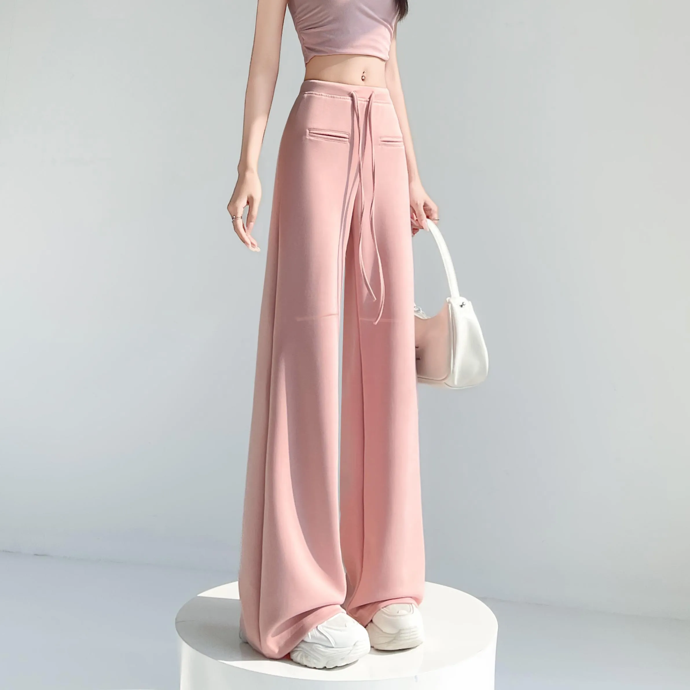 Casual Solid Straight Leg Trousers with Elastic Waist for Women