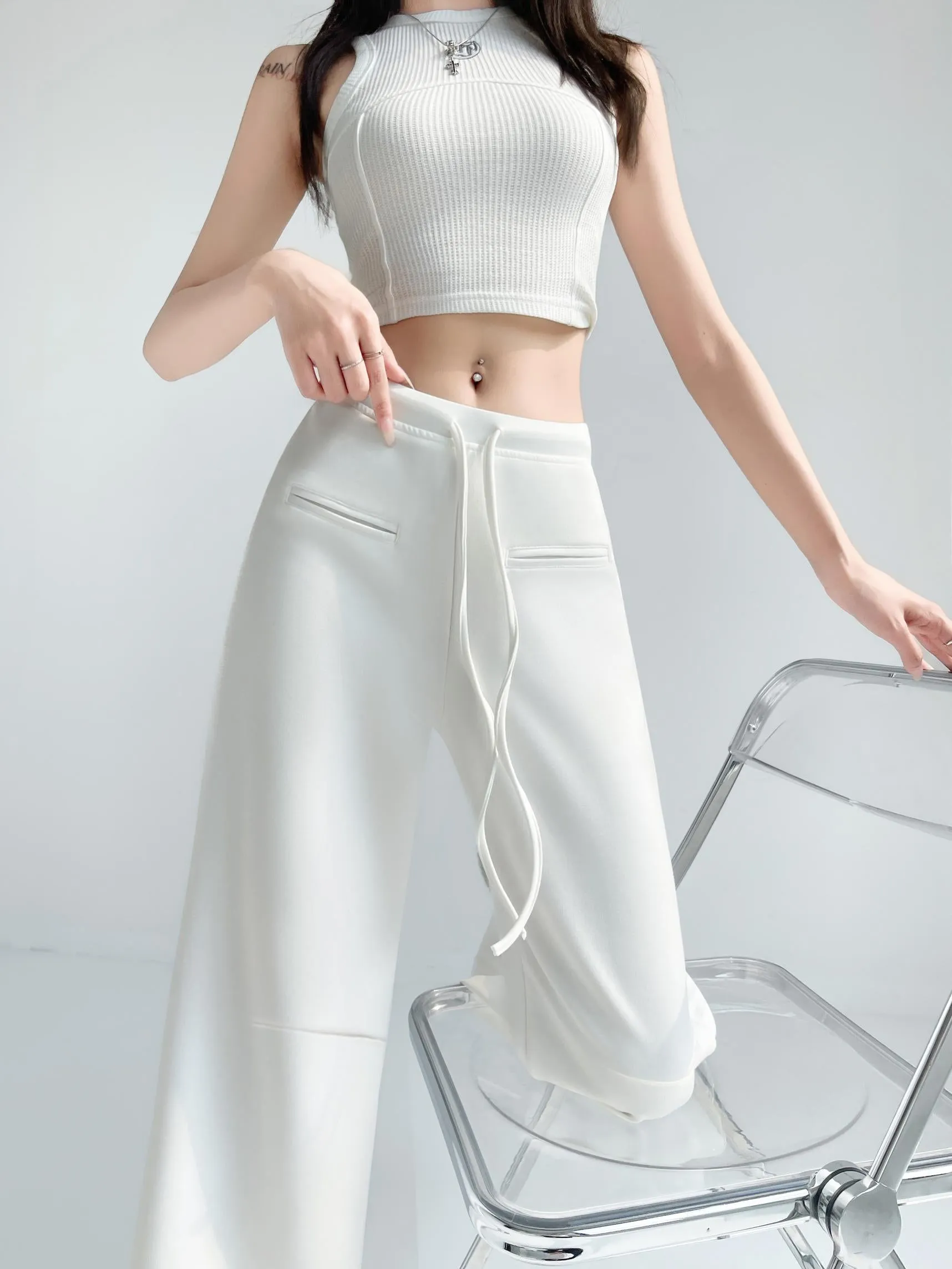 Casual Solid Straight Leg Trousers with Elastic Waist for Women