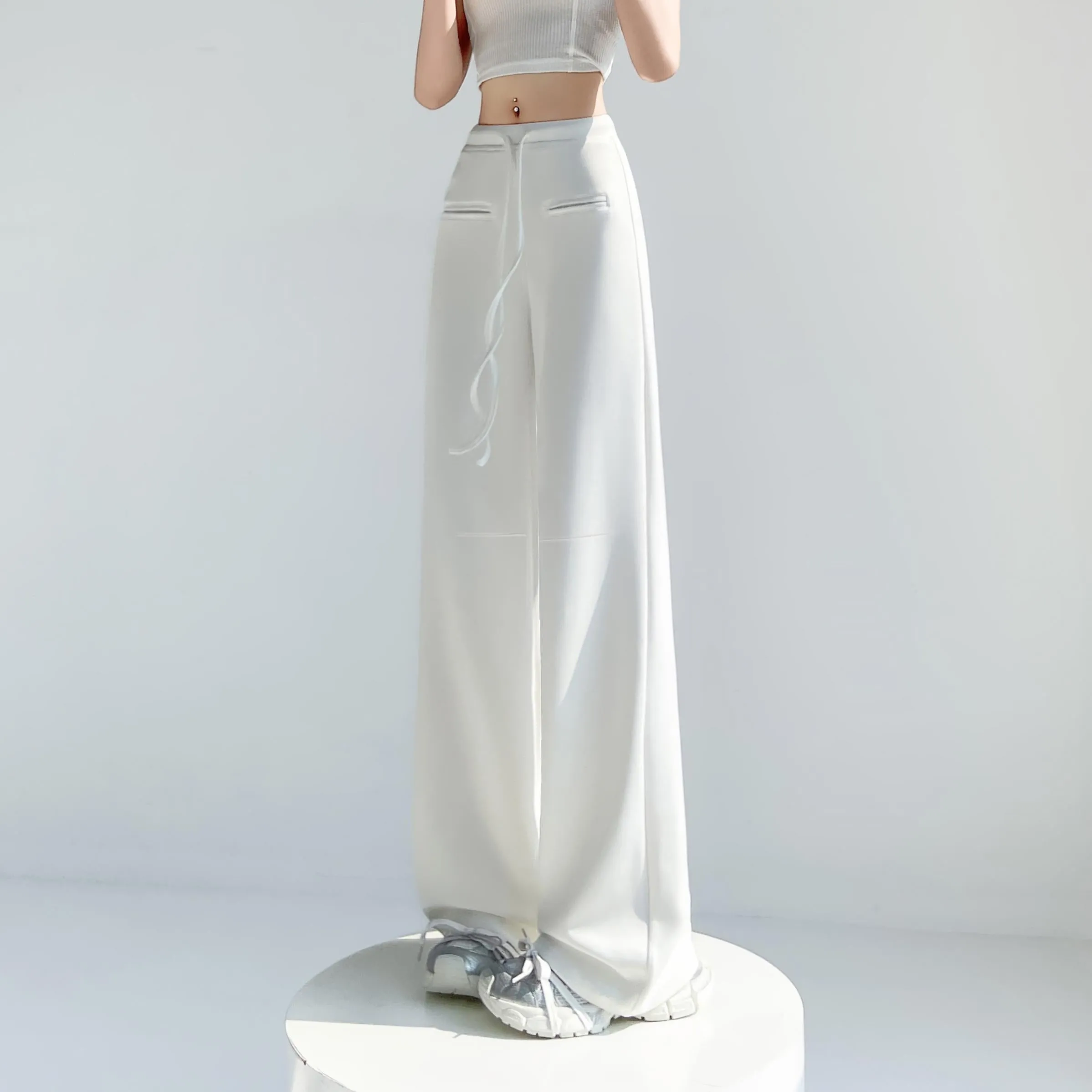 Casual Solid Straight Leg Trousers with Elastic Waist for Women