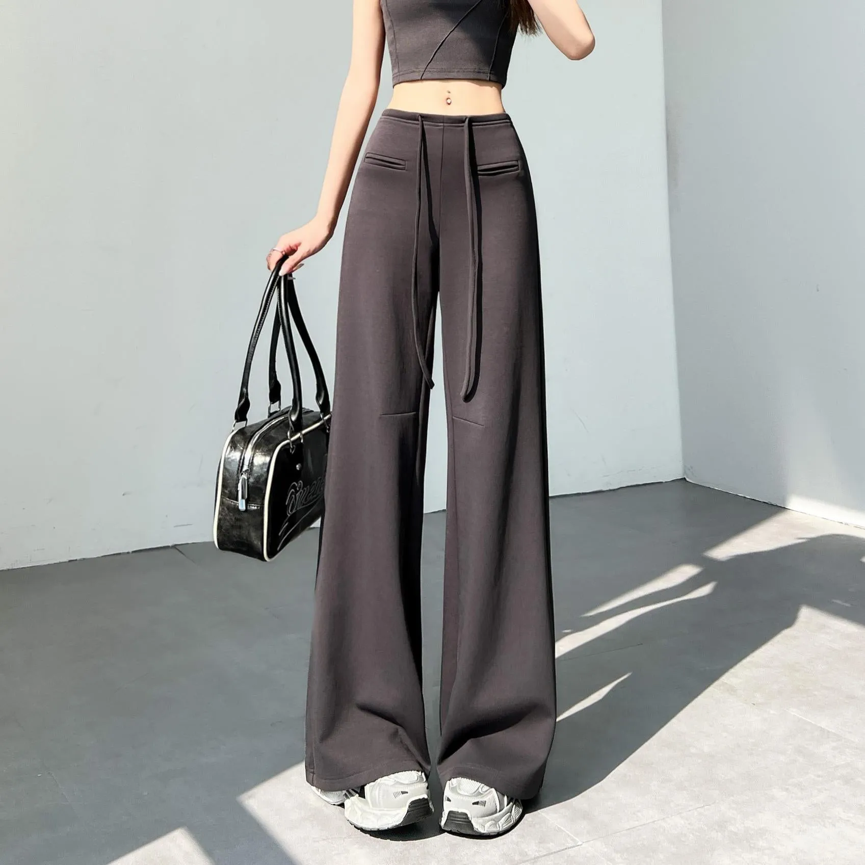 Casual Solid Straight Leg Trousers with Elastic Waist for Women