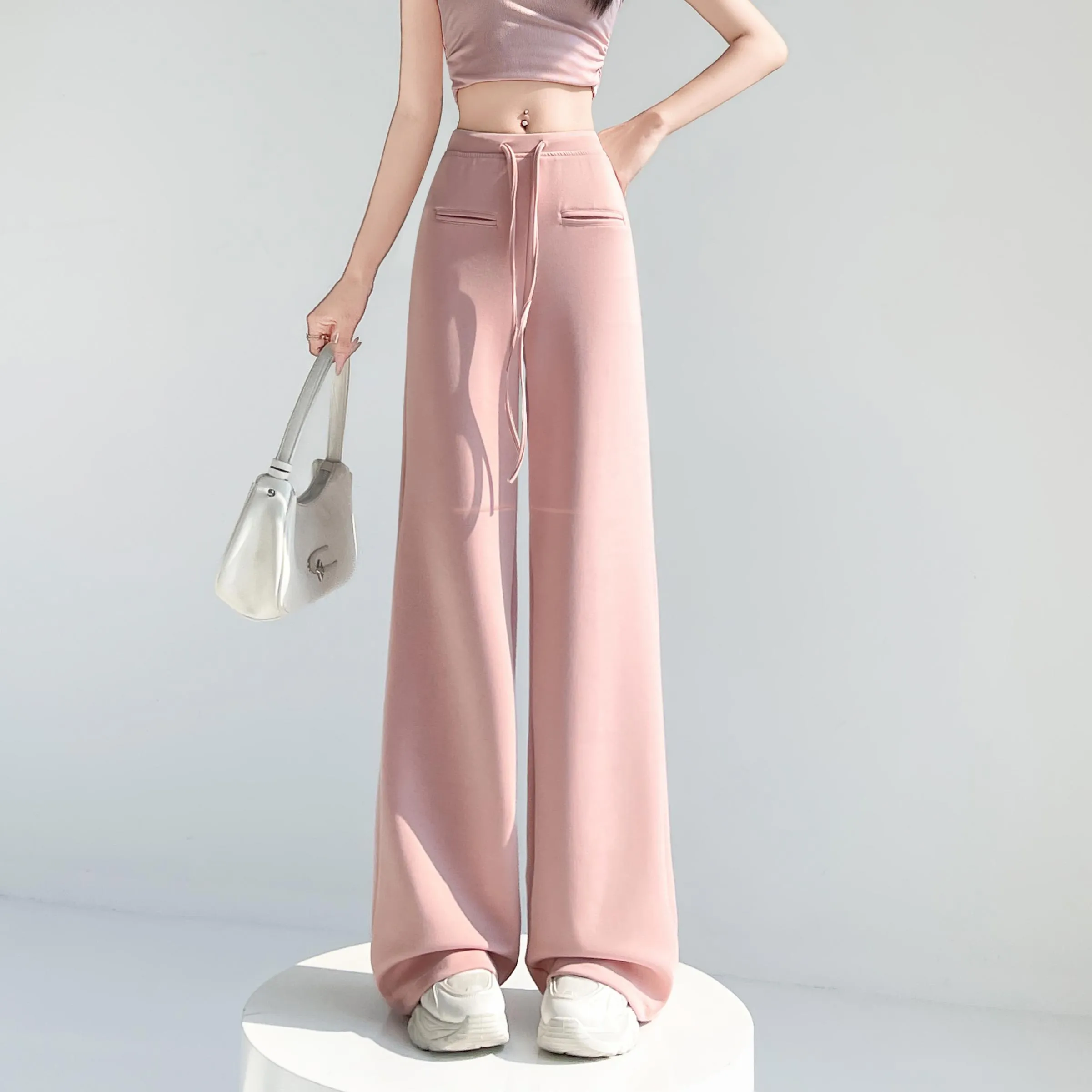 Casual Solid Straight Leg Trousers with Elastic Waist for Women