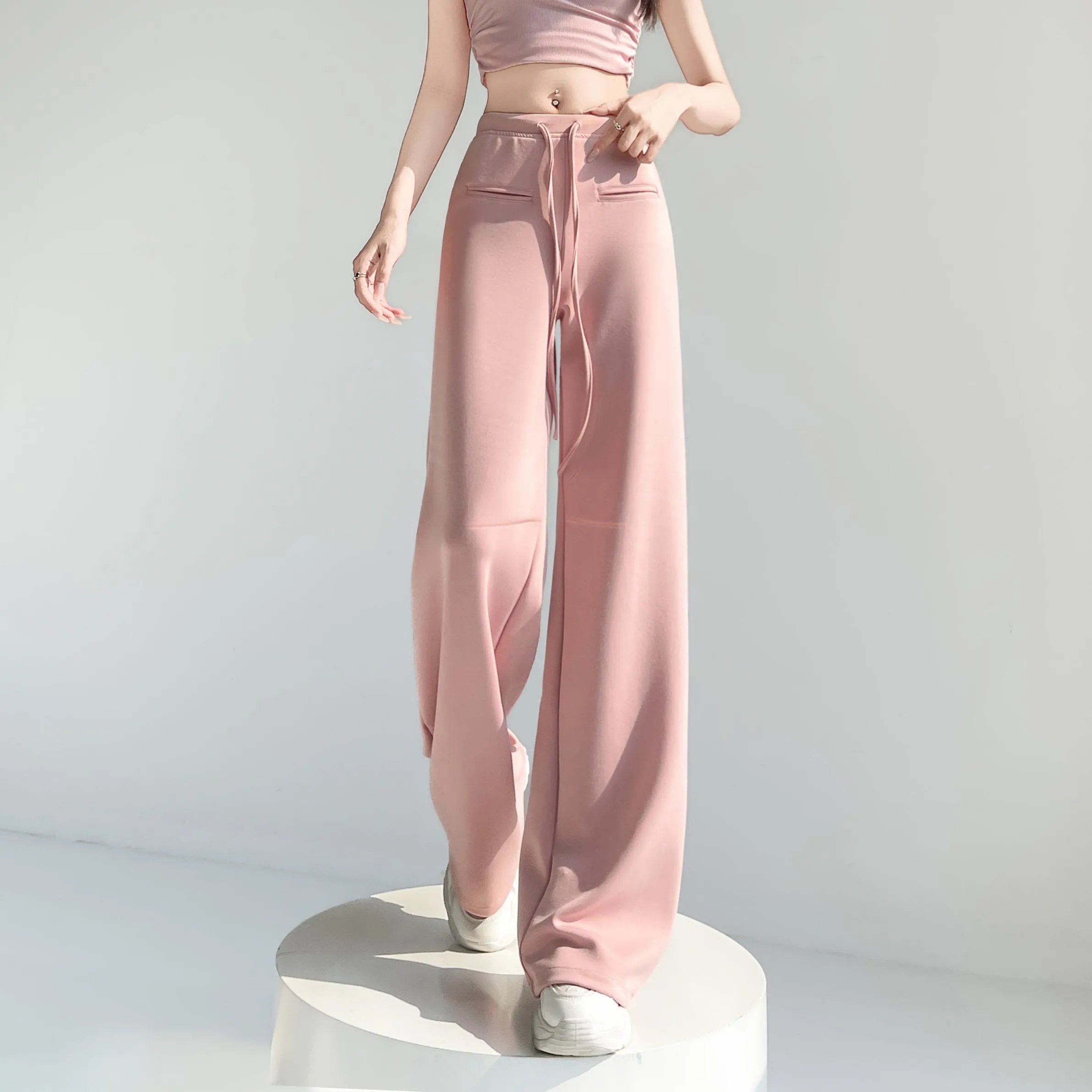 Casual Solid Straight Leg Trousers with Elastic Waist for Women