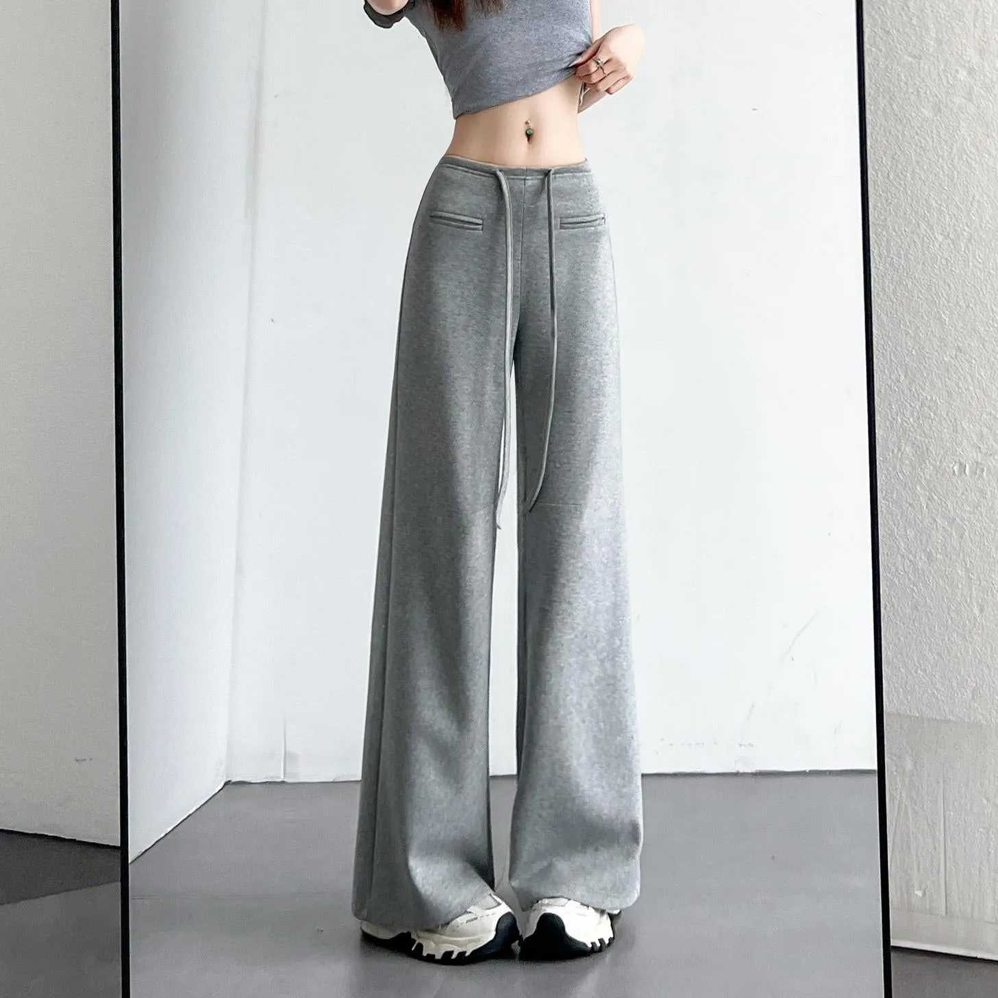 Casual Solid Straight Leg Trousers with Elastic Waist for Women