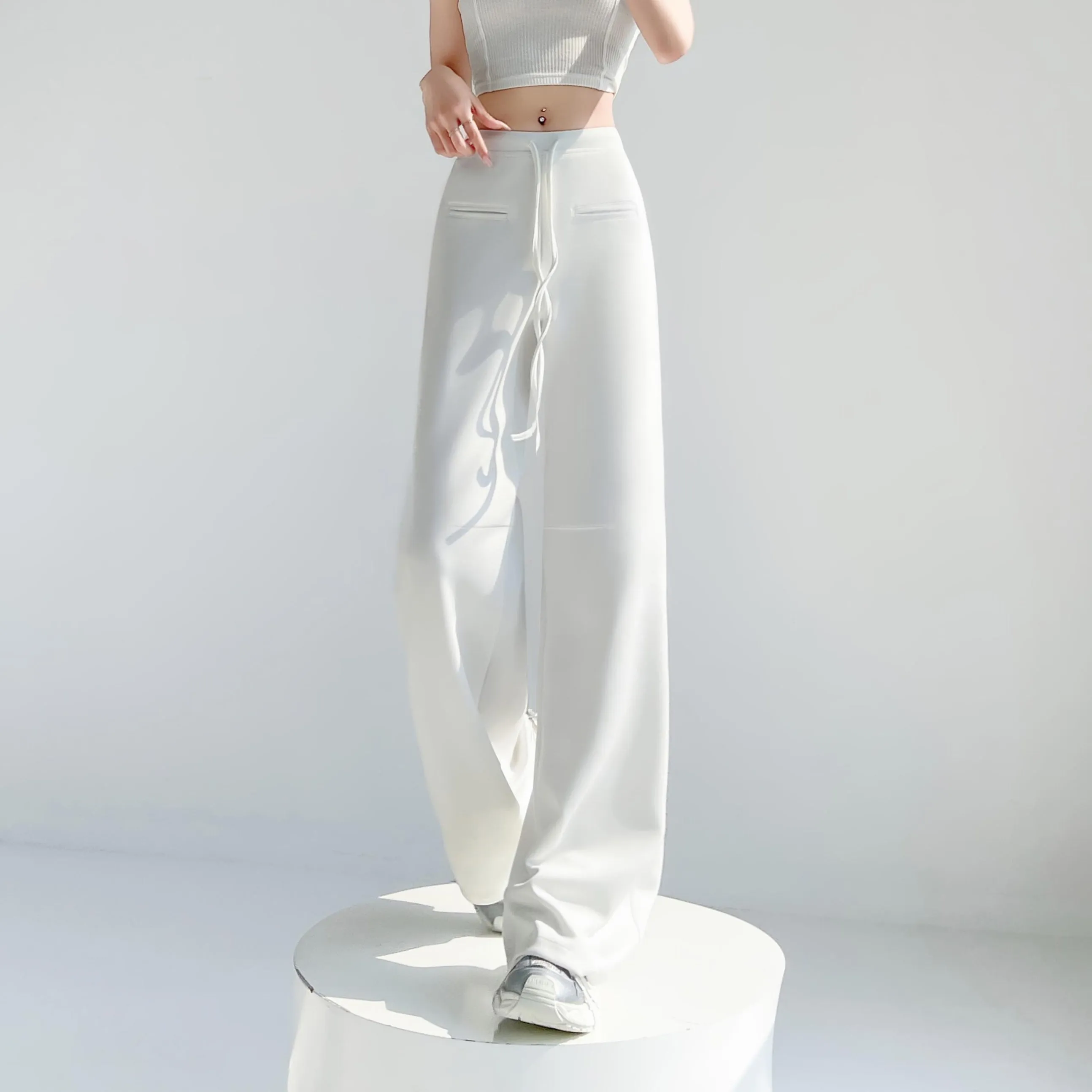 Casual Solid Straight Leg Trousers with Elastic Waist for Women