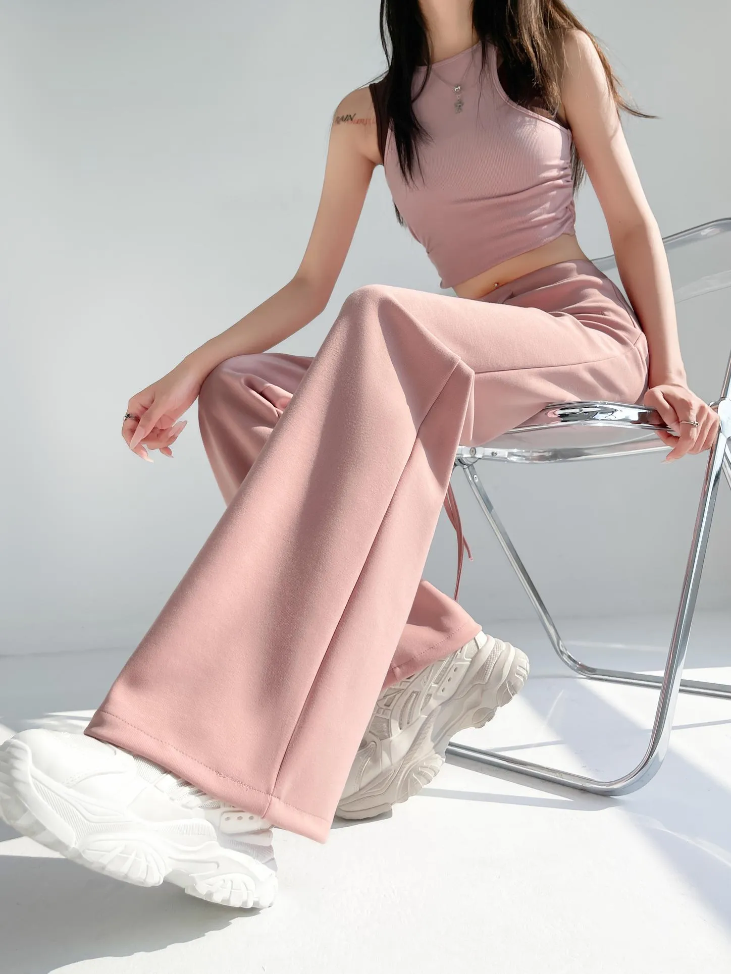 Casual Solid Straight Leg Trousers with Elastic Waist for Women