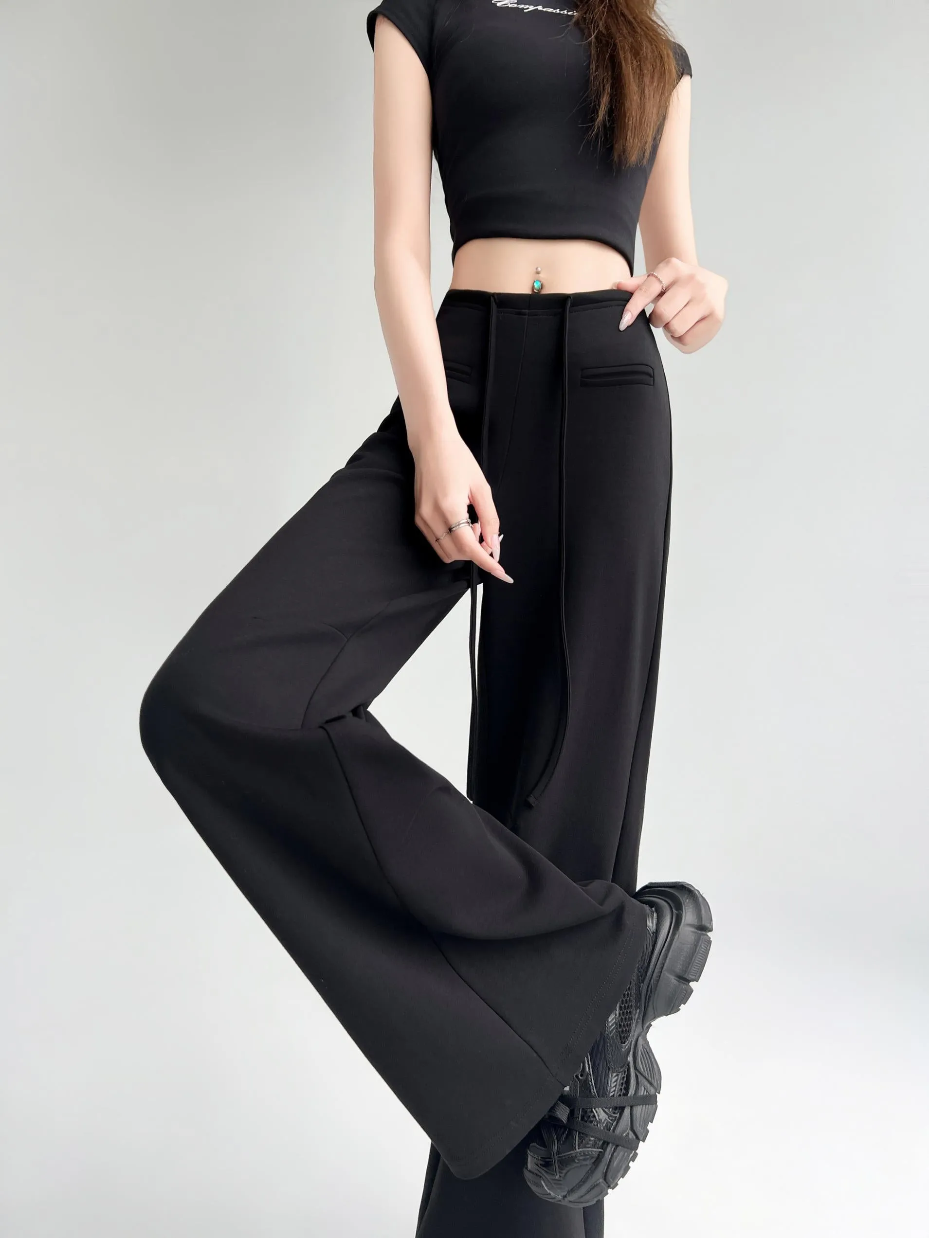 Casual Solid Straight Leg Trousers with Elastic Waist for Women