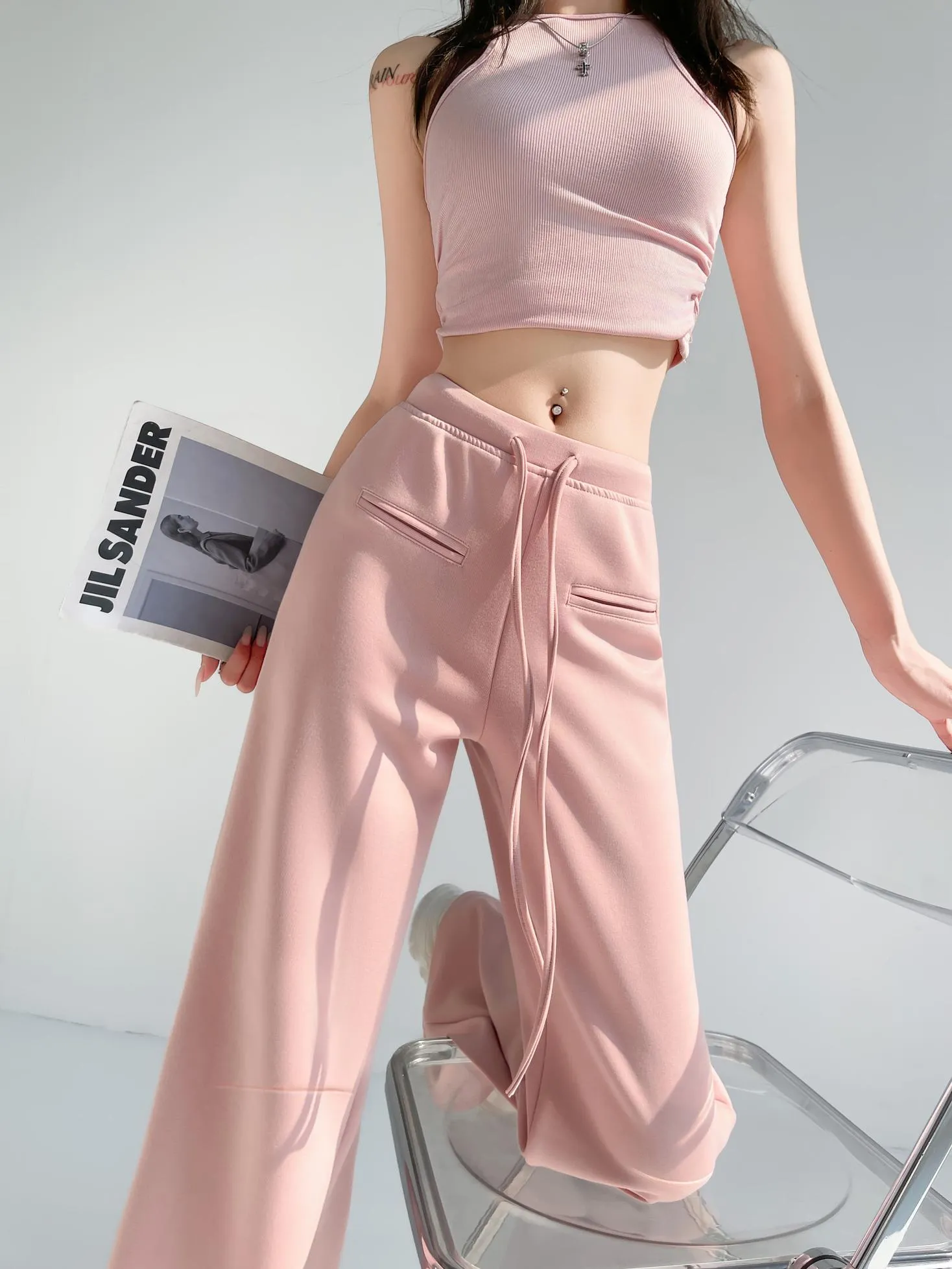 Casual Solid Straight Leg Trousers with Elastic Waist for Women