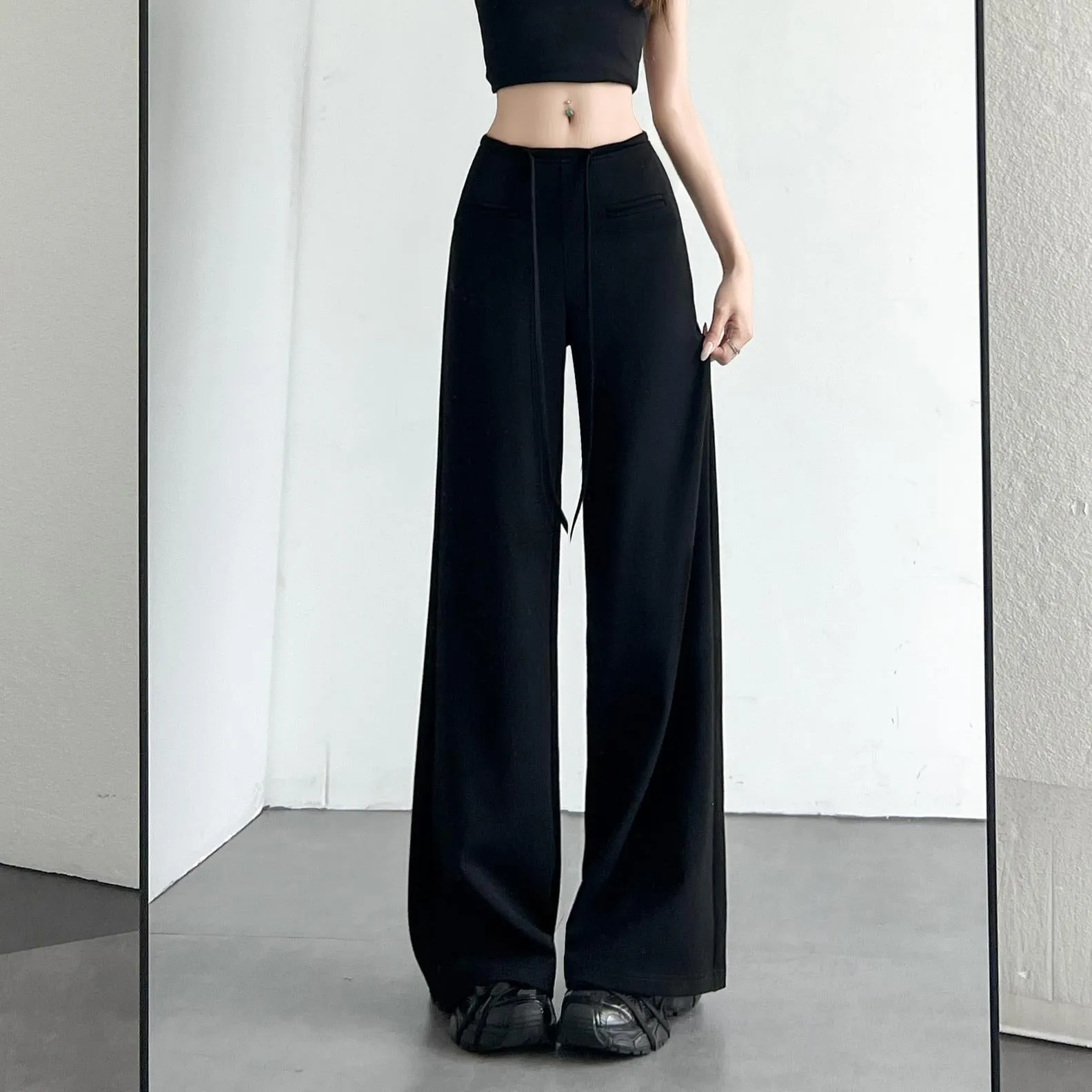 Casual Solid Straight Leg Trousers with Elastic Waist for Women
