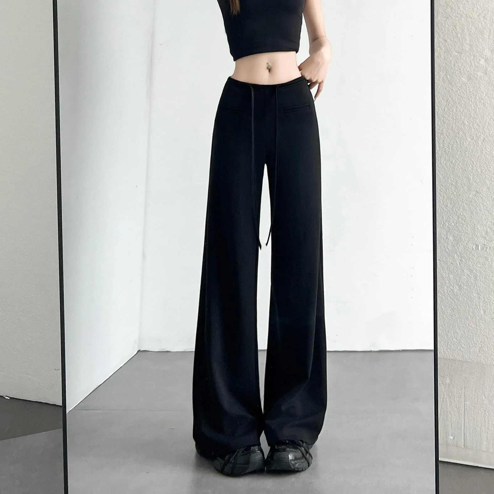 Casual Solid Straight Leg Trousers with Elastic Waist for Women