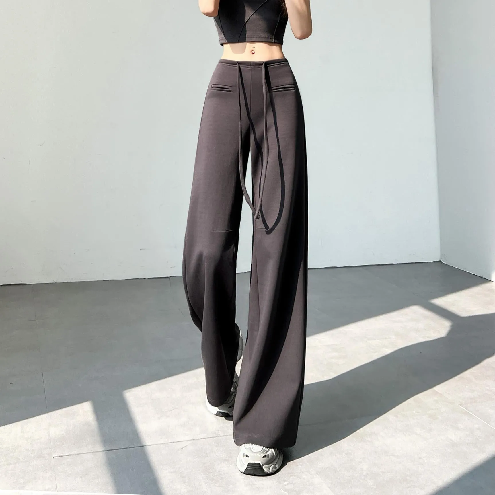Casual Solid Straight Leg Trousers with Elastic Waist for Women