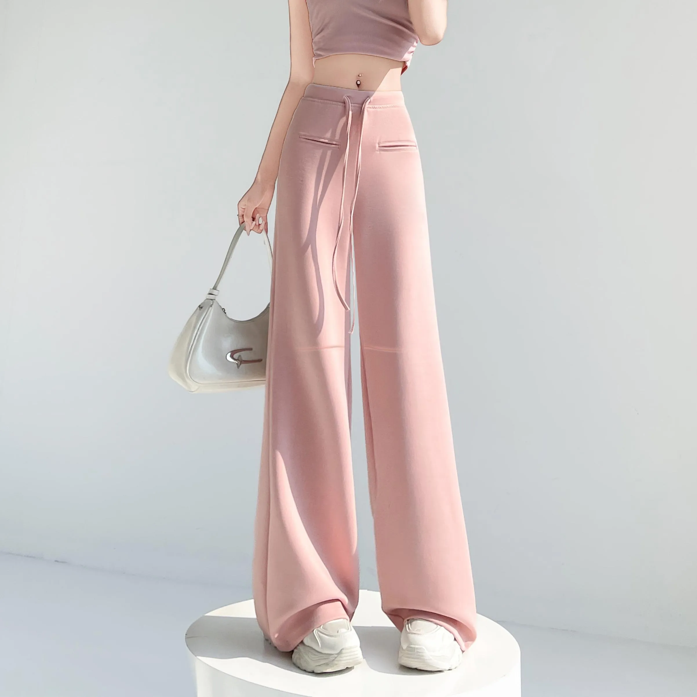 Casual Solid Straight Leg Trousers with Elastic Waist for Women