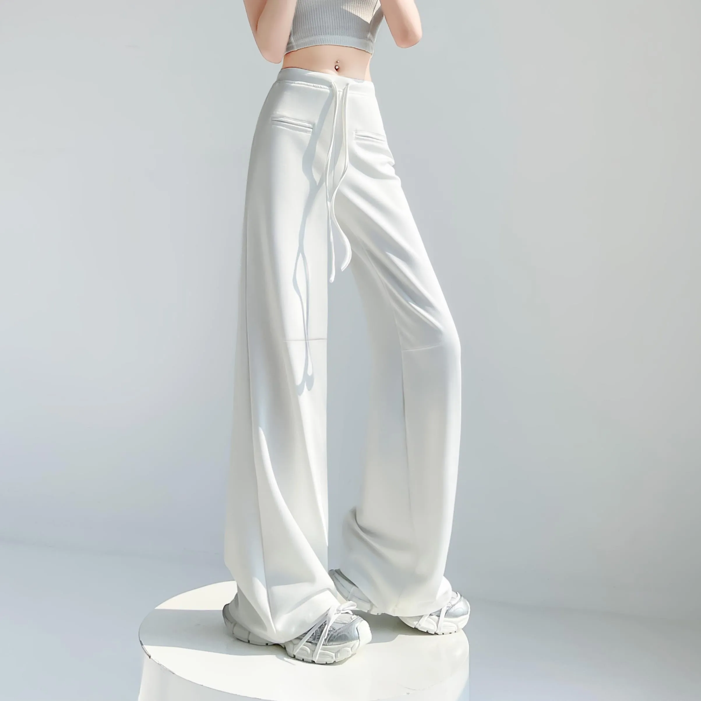 Casual Solid Straight Leg Trousers with Elastic Waist for Women