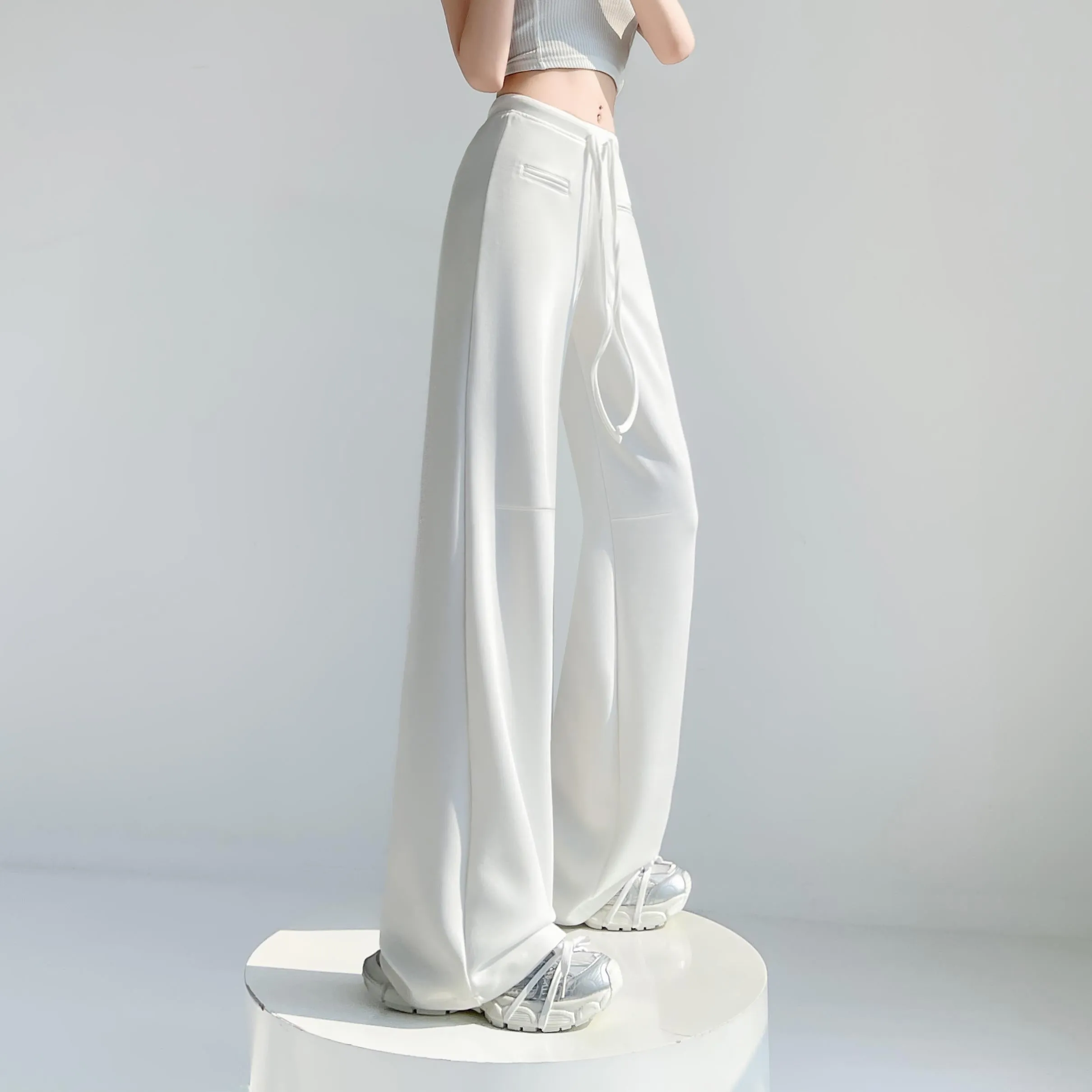 Casual Solid Straight Leg Trousers with Elastic Waist for Women
