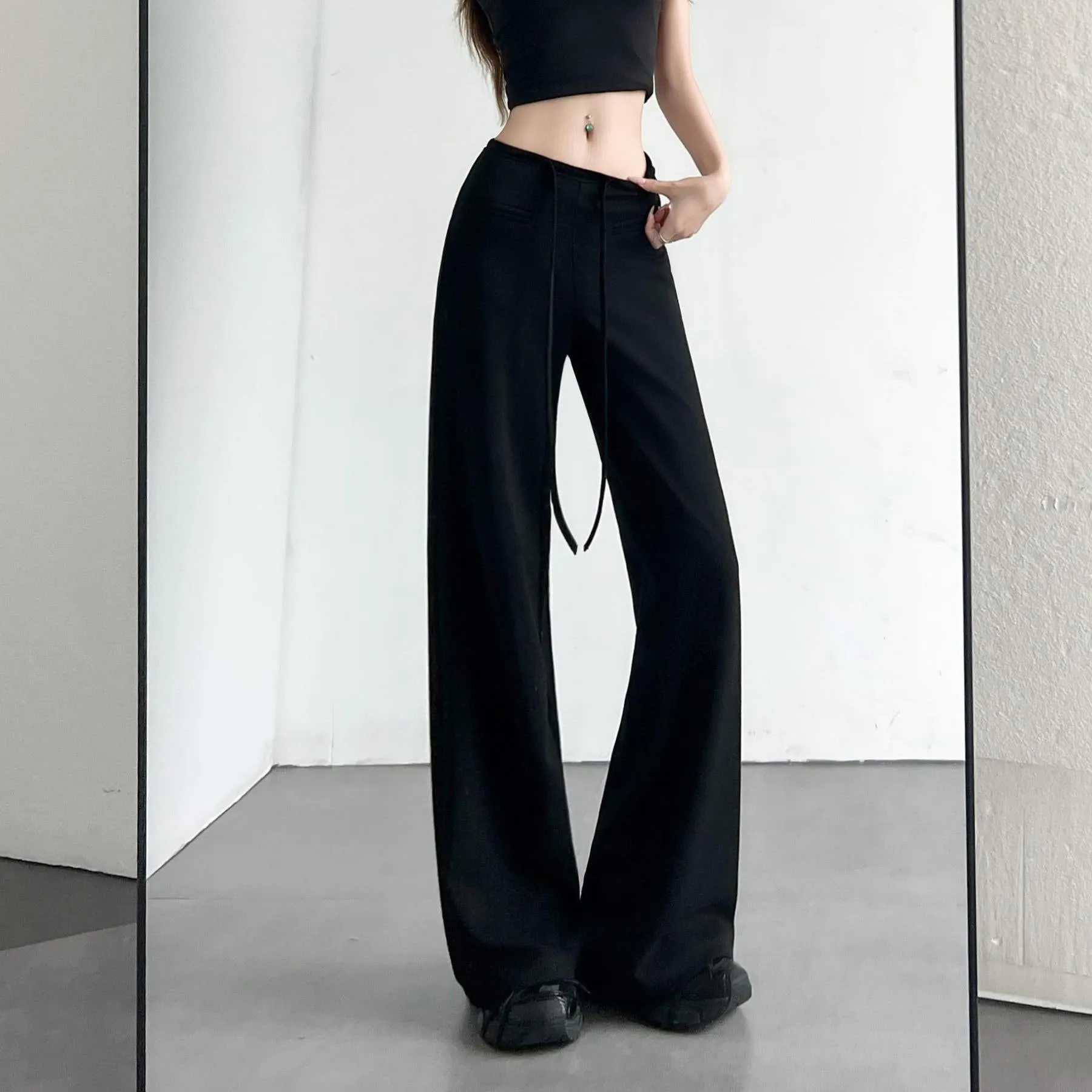 Casual Solid Straight Leg Trousers with Elastic Waist for Women