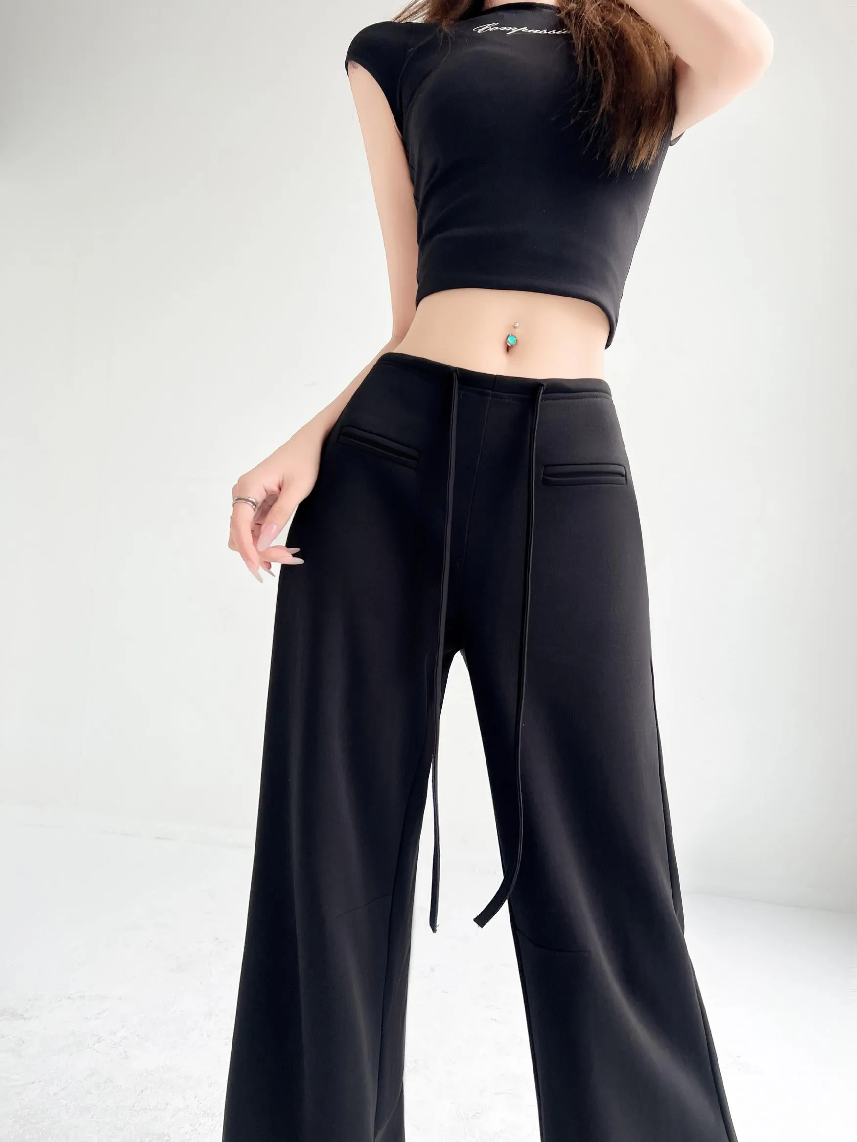 Casual Solid Straight Leg Trousers with Elastic Waist for Women