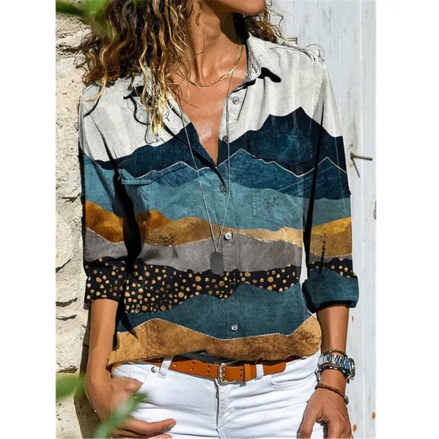 Casual Tops Plus Size Loose Harajuku Shirts Printed Pocket Long-sleeved Blouses Shirt