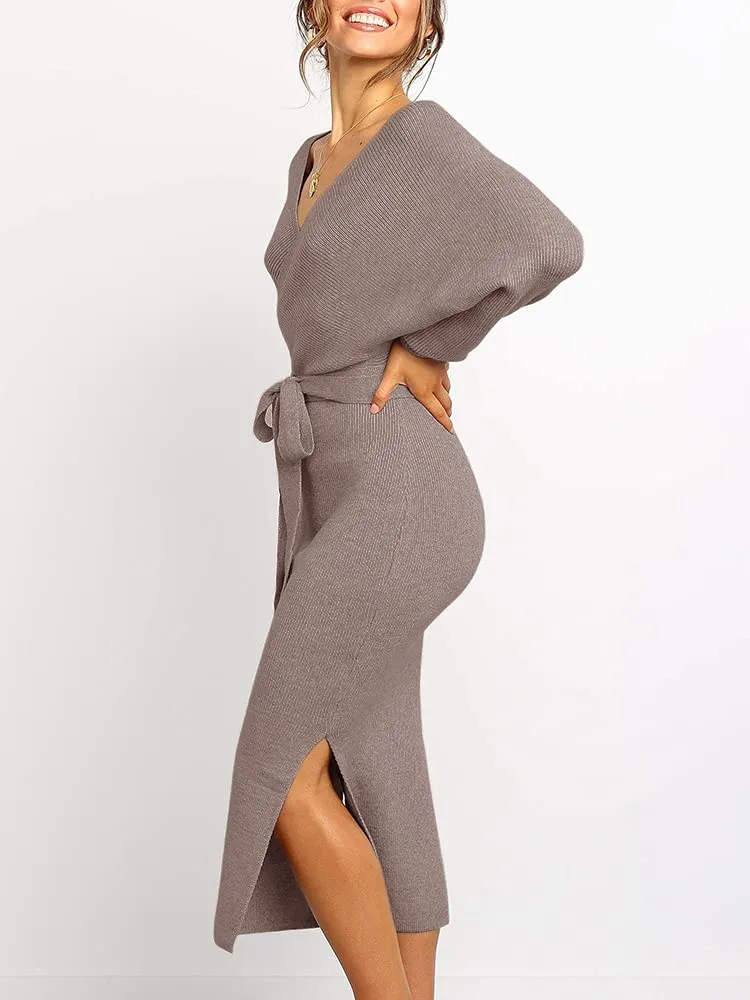 Chang Yun Women's Long Maxi Sweater Dresses Sexy Wrap Batwing V Neck Slit Open Back Holiday Bodycon Dress with Belt Coffee