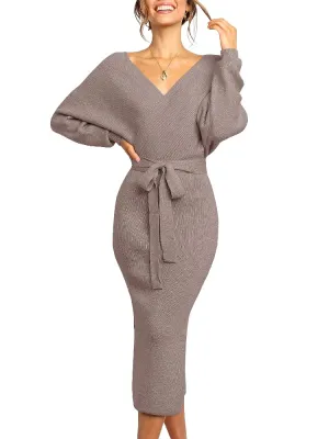 Chang Yun Women's Long Maxi Sweater Dresses Sexy Wrap Batwing V Neck Slit Open Back Holiday Bodycon Dress with Belt Coffee