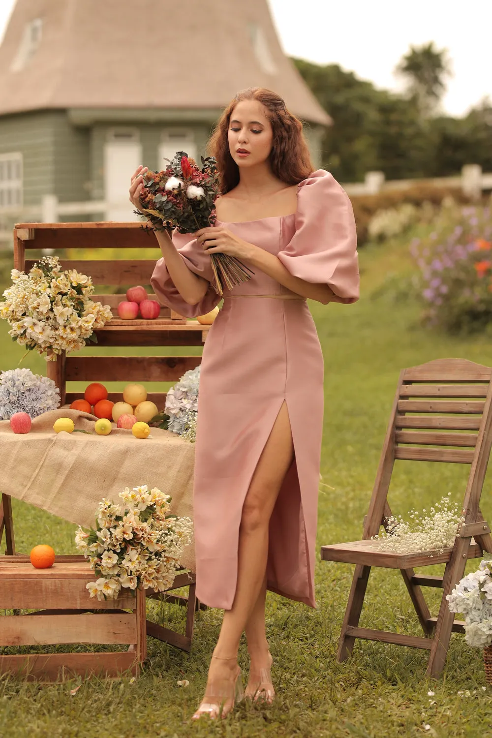 CHANTAL MIDI GOWN Two Way Puff Sleeve Top with Slit Pencil Skirt (Dark Old Rose Gazaar)