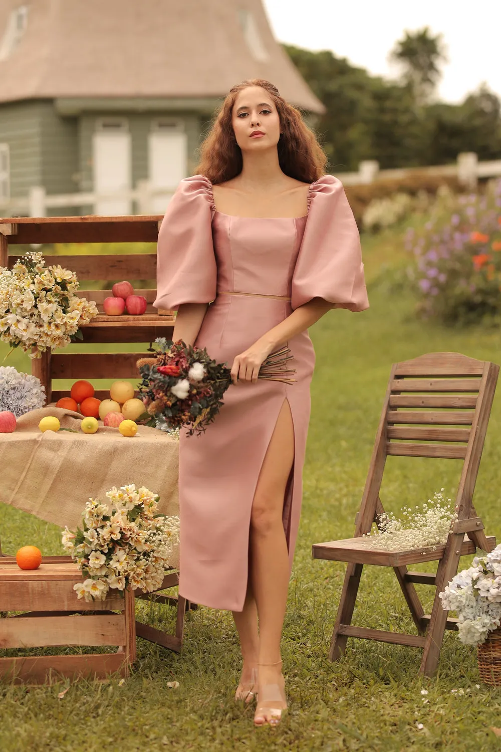CHANTAL MIDI GOWN Two Way Puff Sleeve Top with Slit Pencil Skirt (Dark Old Rose Gazaar)