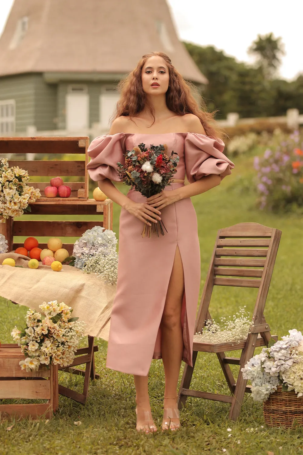 CHANTAL MIDI GOWN Two Way Puff Sleeve Top with Slit Pencil Skirt (Dark Old Rose Gazaar)