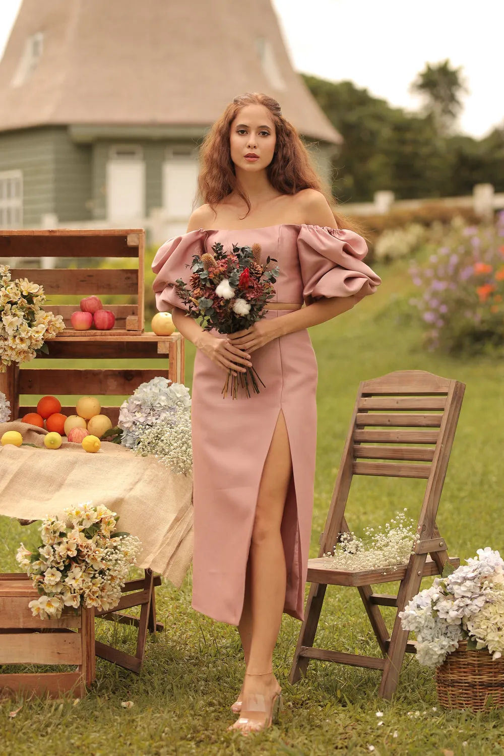 CHANTAL MIDI GOWN Two Way Puff Sleeve Top with Slit Pencil Skirt (Dark Old Rose Gazaar)