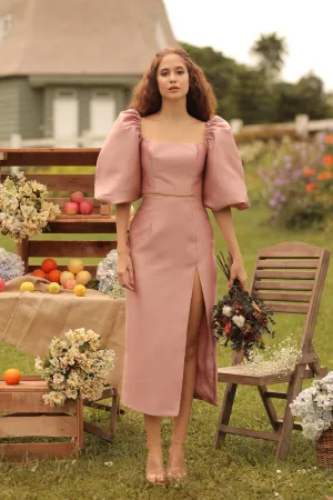 CHANTAL MIDI GOWN Two Way Puff Sleeve Top with Slit Pencil Skirt (Dark Old Rose Gazaar)