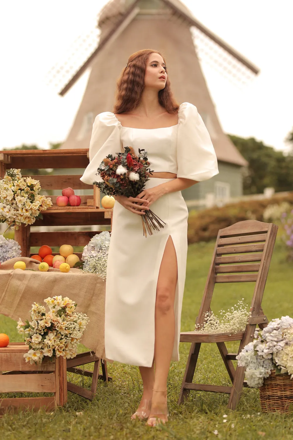 CHANTAL MIDI GOWN Two Way Puff Sleeve Top with Slit Pencil Skirt (Ivory Gazaar)