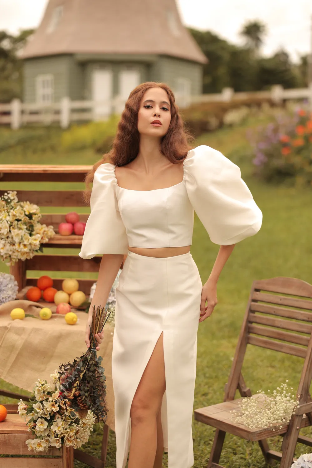 CHANTAL MIDI GOWN Two Way Puff Sleeve Top with Slit Pencil Skirt (Ivory Gazaar)
