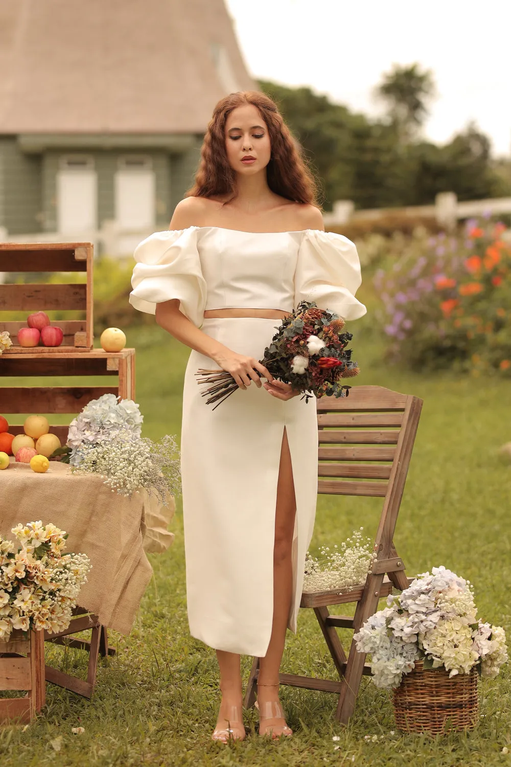 CHANTAL MIDI GOWN Two Way Puff Sleeve Top with Slit Pencil Skirt (Ivory Gazaar)