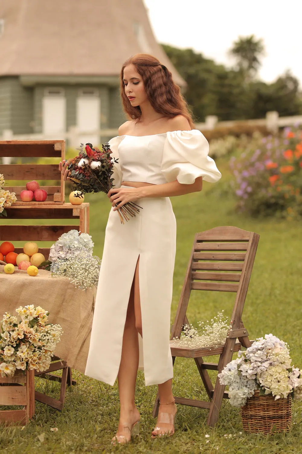 CHANTAL MIDI GOWN Two Way Puff Sleeve Top with Slit Pencil Skirt (Ivory Gazaar)