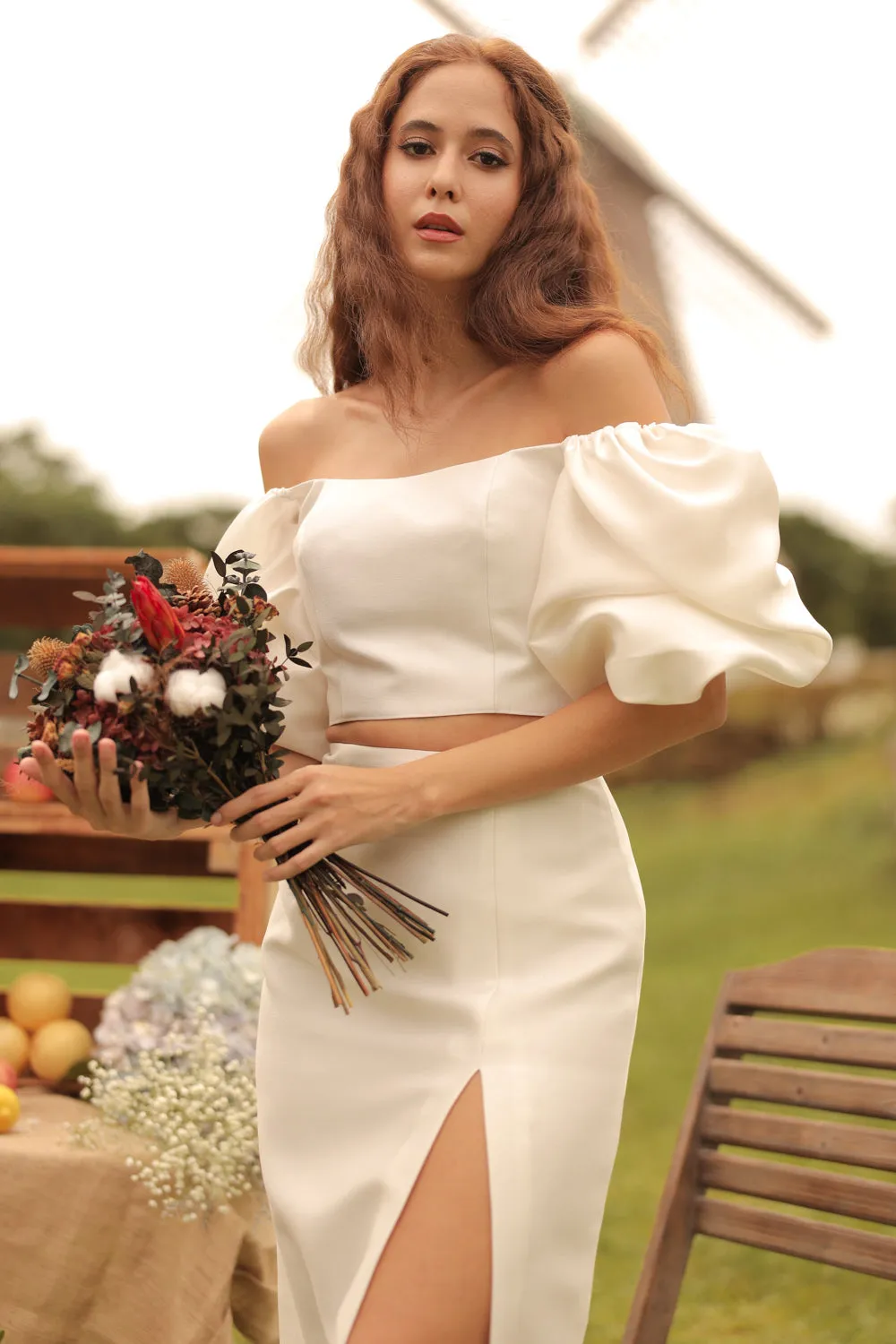 CHANTAL MIDI GOWN Two Way Puff Sleeve Top with Slit Pencil Skirt (Ivory Gazaar)