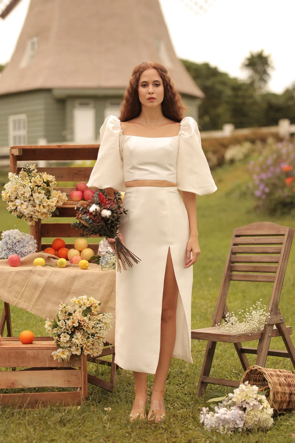 CHANTAL MIDI GOWN Two Way Puff Sleeve Top with Slit Pencil Skirt (Ivory Gazaar)
