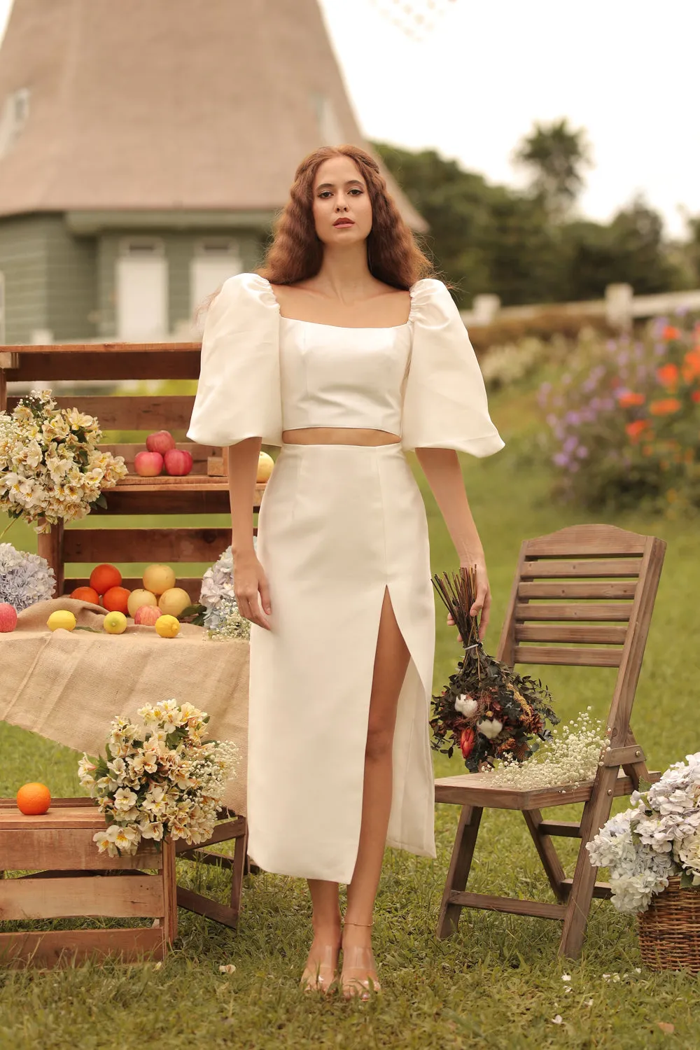 CHANTAL MIDI GOWN Two Way Puff Sleeve Top with Slit Pencil Skirt (Ivory Gazaar)