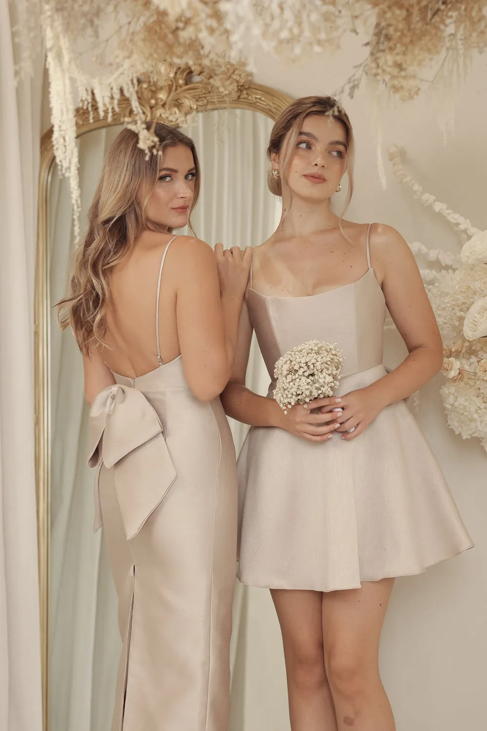 CHARLOTTE Curved Neckline Strappy Pencil Skirt Gown with Bow Back (Tan Gazaar)