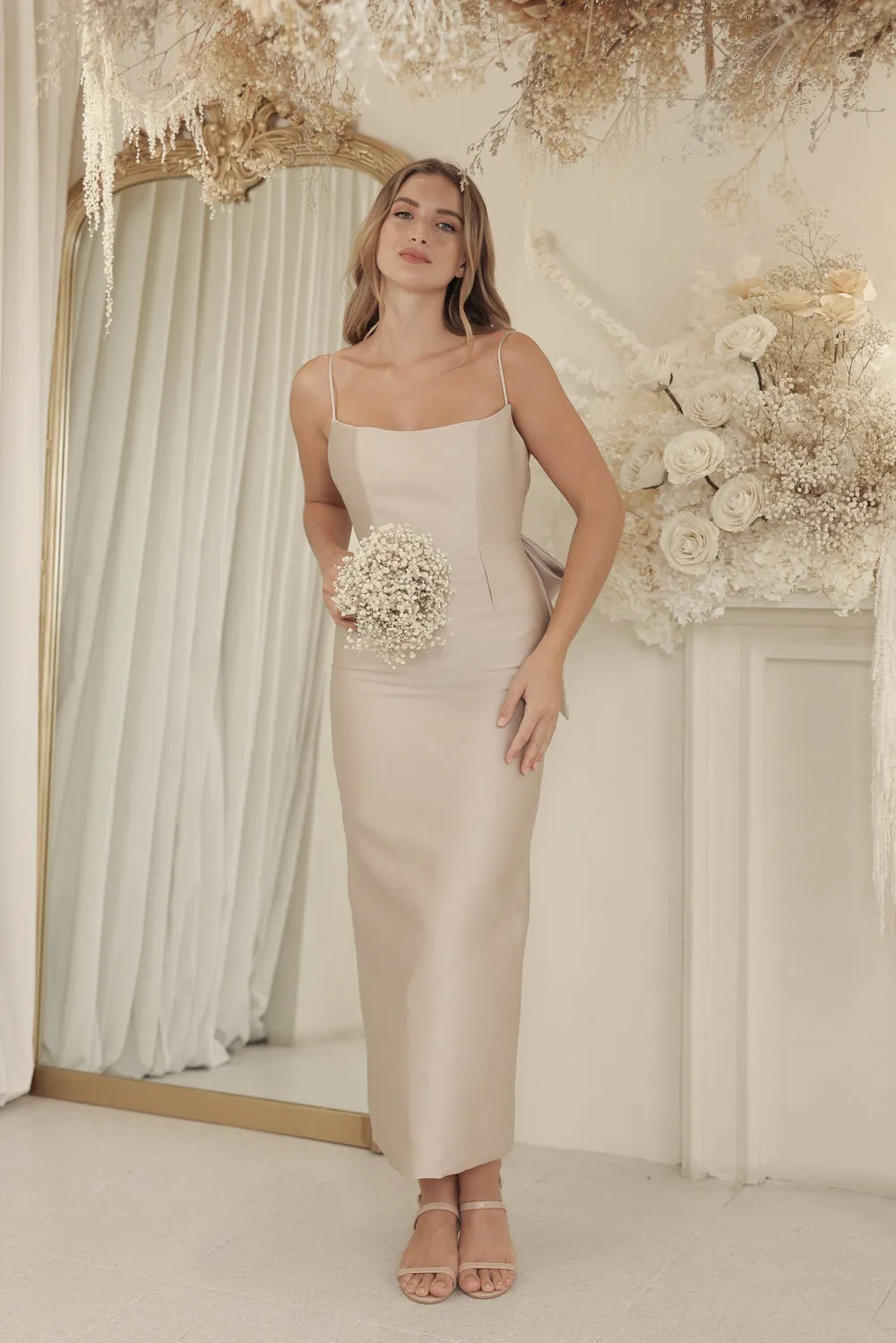 CHARLOTTE Curved Neckline Strappy Pencil Skirt Gown with Bow Back (Tan Gazaar)