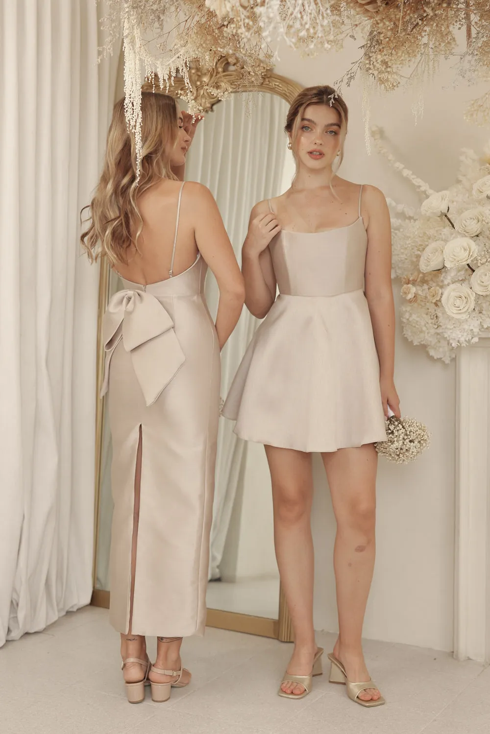 CHARLOTTE Curved Neckline Strappy Pencil Skirt Gown with Bow Back (Tan Gazaar)