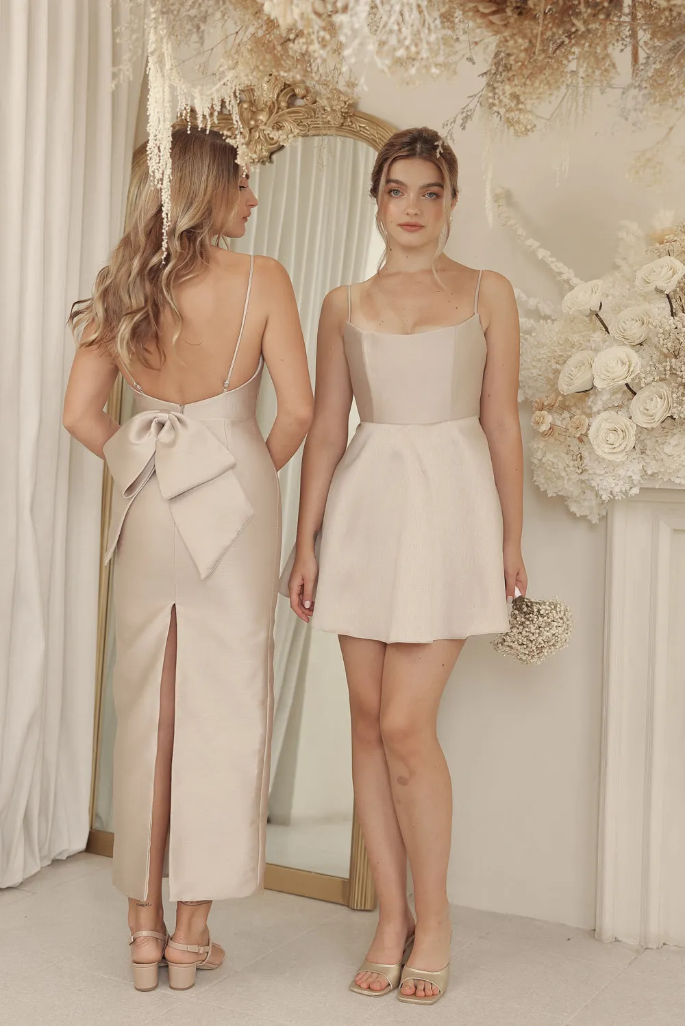 CHARLOTTE Curved Neckline Strappy Pencil Skirt Gown with Bow Back (Tan Gazaar)