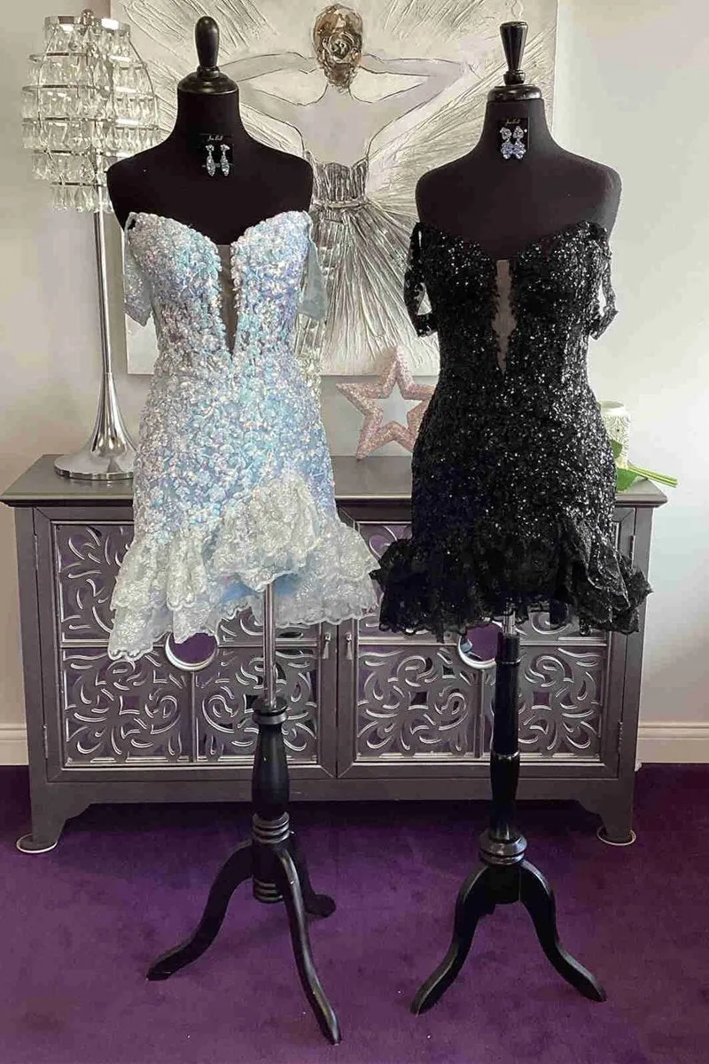 Charming Bodycon V Neck Sequins Short Tight Homecoming Dresses with Ruffles