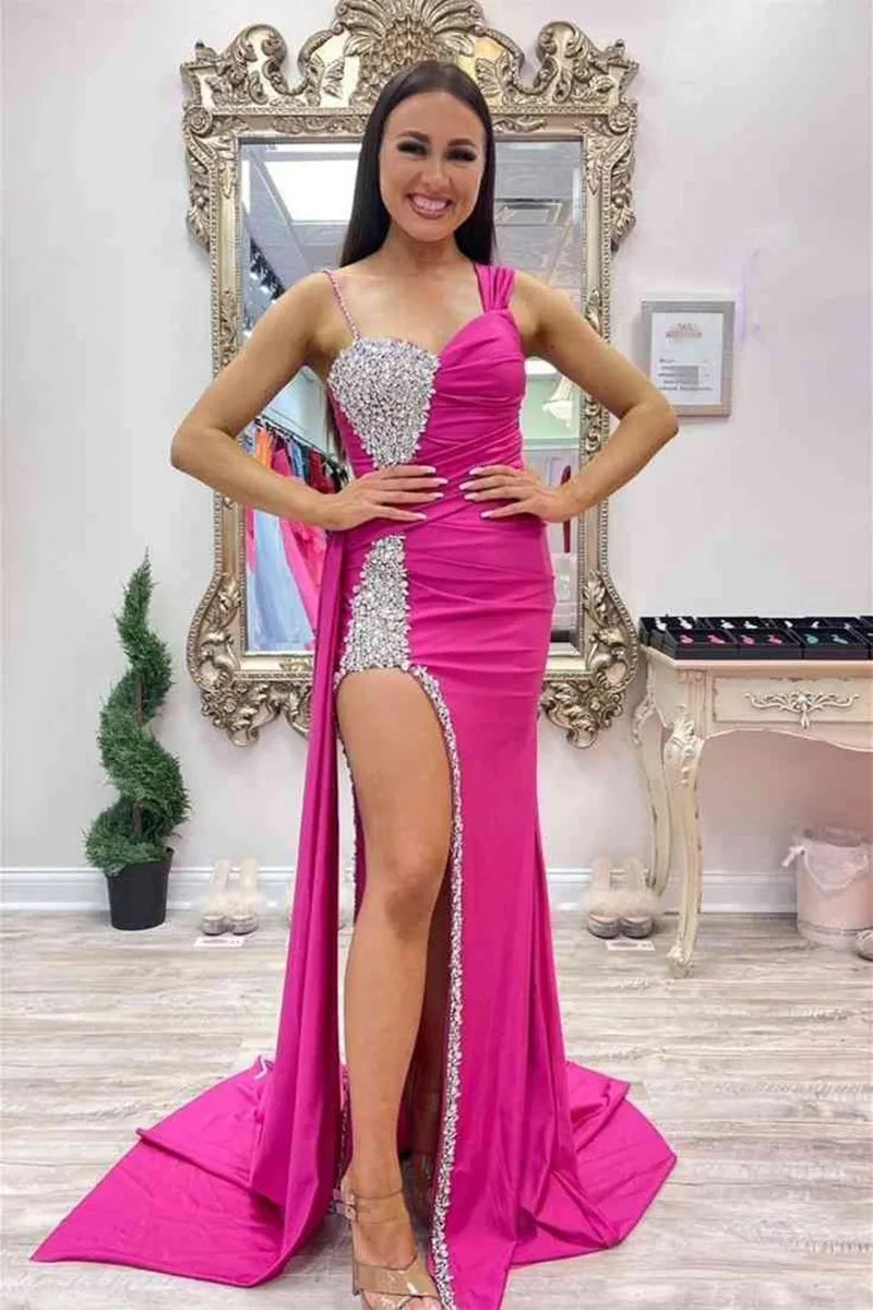 Chic Asymmertrical Beaded Long Porm Dresses