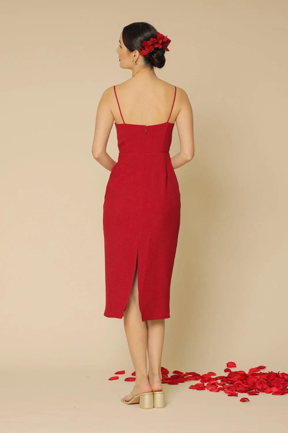 CHIQUITA Sweetheart Midi Dress with Thin Straps (Maroon Linen)