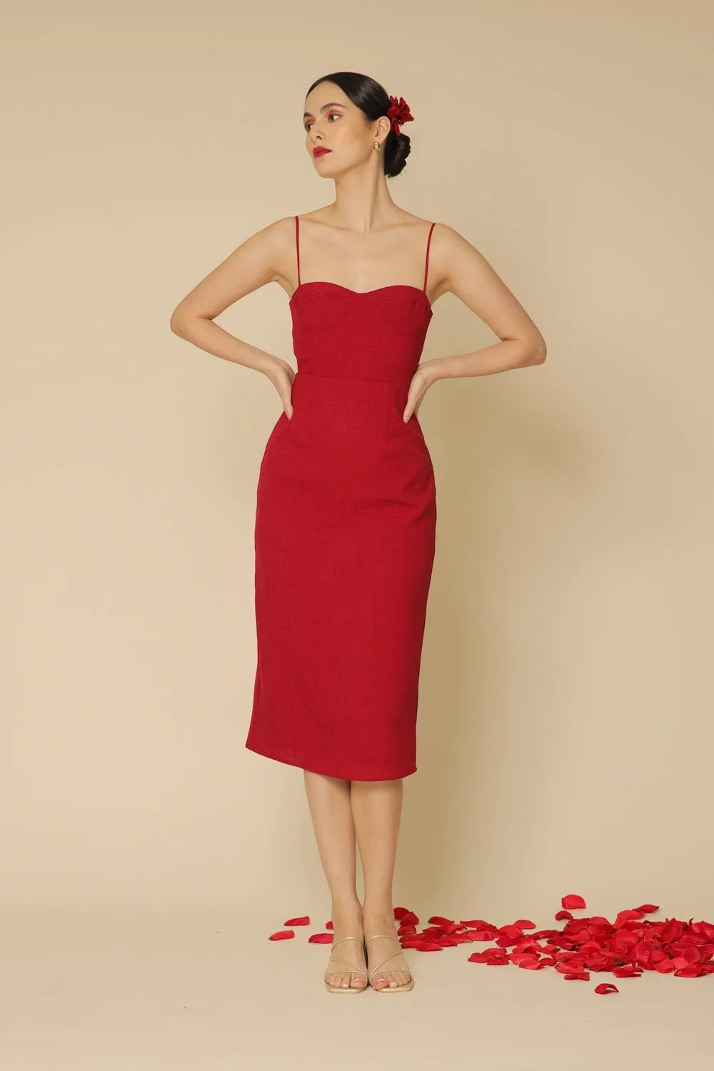 CHIQUITA Sweetheart Midi Dress with Thin Straps (Maroon Linen)
