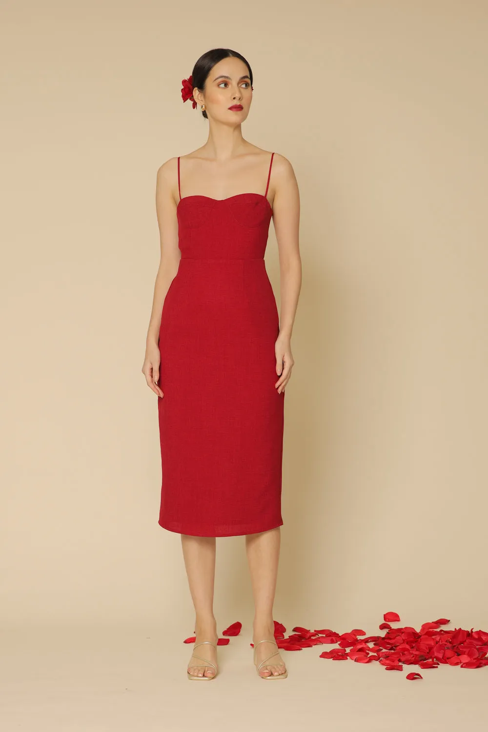 CHIQUITA Sweetheart Midi Dress with Thin Straps (Maroon Linen)